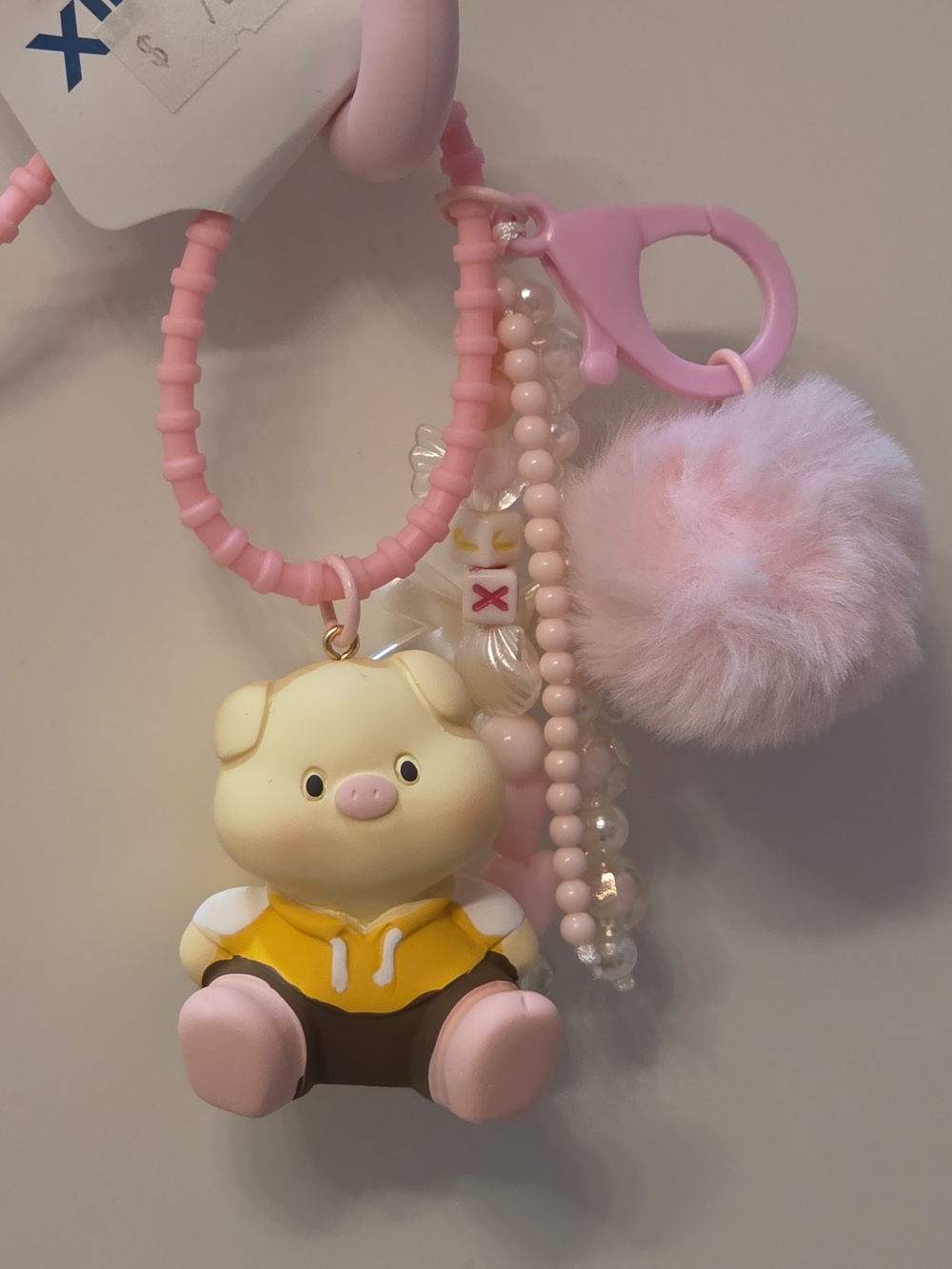 Cute Pig Keychain Charm with Pink Pom Pom